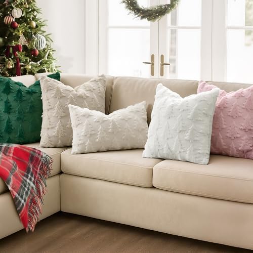 MIULEE Christmas Throw Pillow Covers Cream White Christmas Decorations Set of 2 Xmas Tree 26x26 Pillow Covers Soft Plush Faux Wool Pillowcases Holiday Festivals Winter Home Decor Sofa Couch Bed Porch