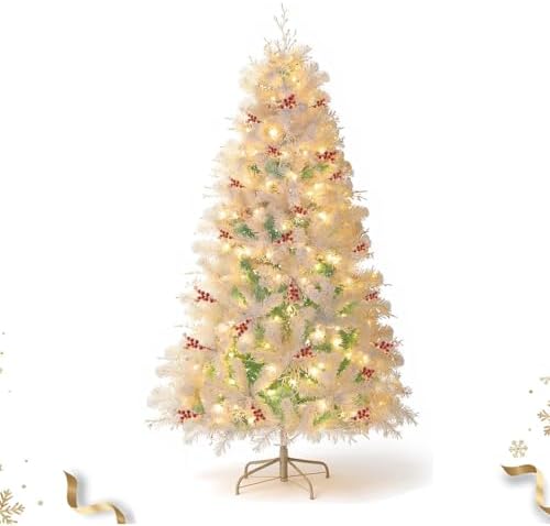 HAPPYGRILL 6FT Pre-lit Artificial Christmas Tree, Hinged Xmas Tree w/ 599 Snow Flocked Branch Tips, 250 Warm White LED Lights, White Twigs, Red Berries, Metal Stand