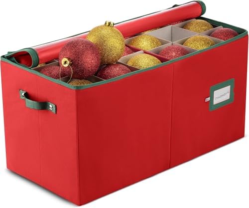 ZOBER Large Christmas Ornament Storage Box - Stores 54 4" Large Ornaments, With Dividers - Ornament Organizer Storage Box, Durable Christmas Containers Holder, Dual Zipper - Red