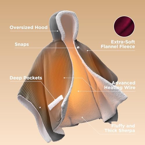 Bedsure Wearable Heated Blanket Hoodie Shawl, Preheat, 55"x64", Burgundy