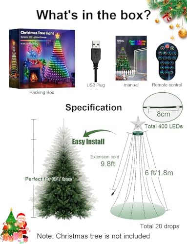 Super RGB Smart Christmas Tree Lights 6FT 400LED, DIY Color Changing Waterfall Xmas Tree Lights with Ring & Top-Star, Remote & APP Control, RGB-IC Dynamic String Light, Music Sync for Indoor Decor