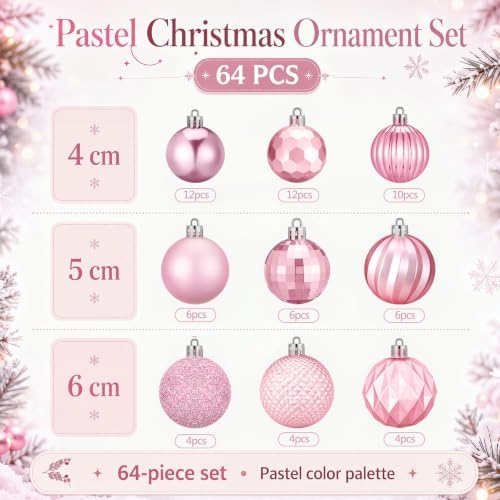 Lunmon 64 Pieces Pink Christmas Ball Ornaments Shiny Pink Xmas Bulbs
