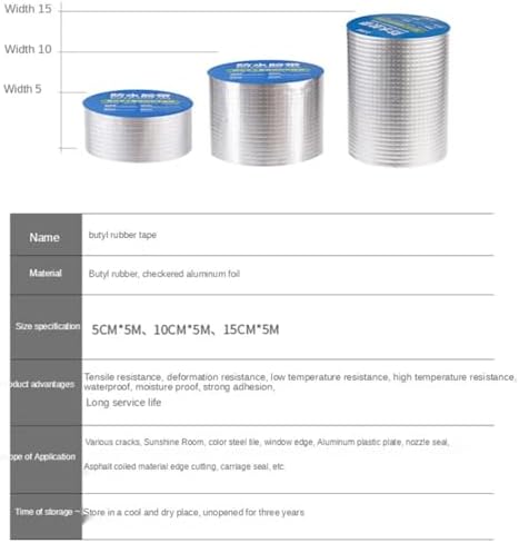 Waterproof Tape Butyl Tape Aluminum Foil Tape Butyl Tapeeter Thicken Butyl Tape god kvalitet Aluminum Foil High Temperature Resistance Wall Crack Roof Duct Water Pipe Repair Adhesive(5M 1mm-15cm)