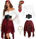 Women Pirate Costume Renaissance Medieval Outfit Halloween Top Skirt Set