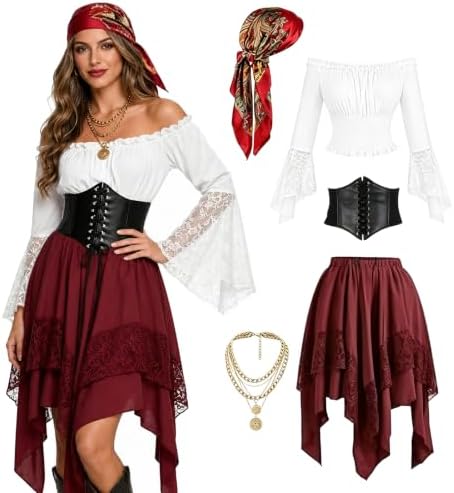 Women Pirate Costume Renaissance Medieval Outfit Halloween Top Skirt Set