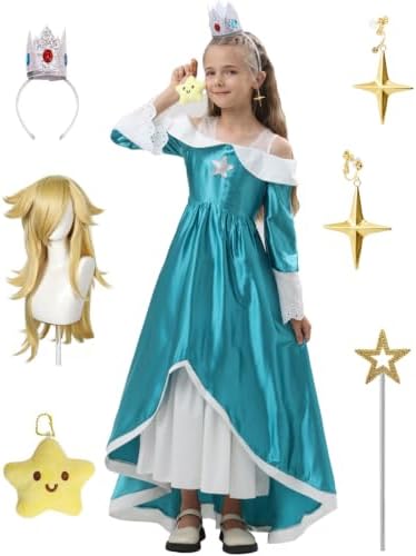 Girl Galaxy Princess Costume Kids Royal Cosplay Teal Dress Halloween Outfit