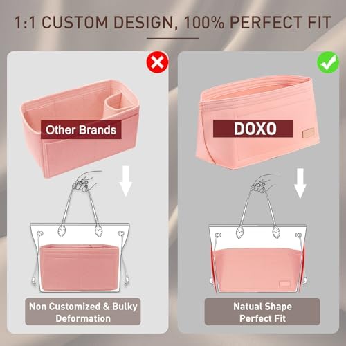 Doxo Purse Organizer Insert for Handbags & Base Shaper 2pc Set, Felt Neverfull MM Organizer Insert, Tote Bag Organizer with Zipper Pocket and Bottle Holder, Fit Speedy 30 Neverfull MM and More,Pink-L