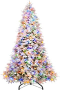 Hykolity 7.5 ft Prelit Flocked Christmas Tree, 450 Multicolor LED Lights, Artificial Christmas Pine Tree with Red Berries, 1608 PE&PVC Branch Tips, Metal Stand and Hinged Branches, 10 Modes