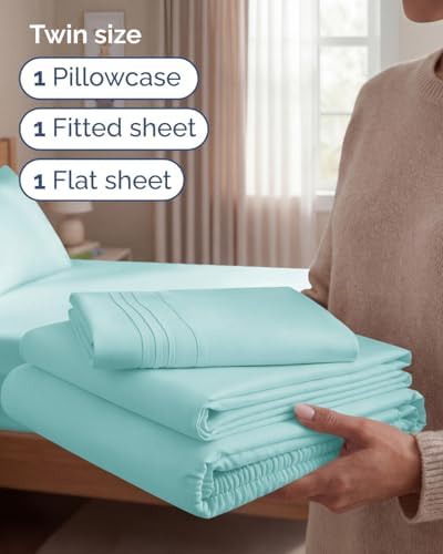 Twin Size 3 Piece Sheet Set - Comfy Breathable & Cooling Sheets - Spa Blue