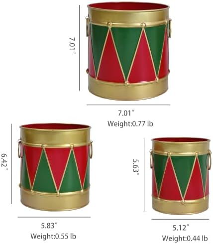 3-PCE Christmas Metal Drum Buckets Set - Festive Ice Bucket & Storage for Small Plants/Ornaments/Candies, Round Decorative Pails for Party Table Centerpieces & Home Mantel Display