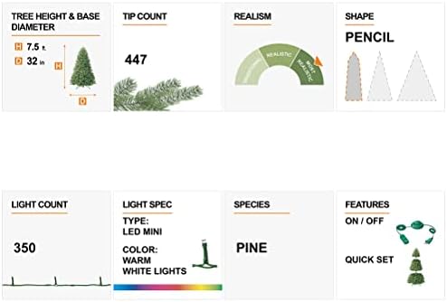 Glitzhome 7.5ft Prelit Christmas Tree, Artificial Christmas Tree with 350 Warm White Lights, Flocked Pencil Christmas Tree and Foldable Metal Stand for Home, Office, Party Decoration, Easy Assembly
