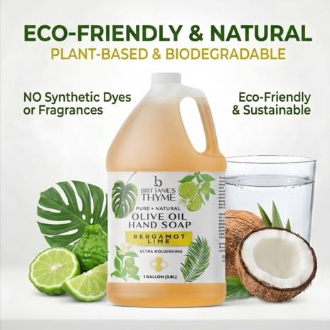 Brittanie's Bergamot Lime Pure Castile Olive Oil Liquid Soap 1 Gallon (128oz) | Face, Body Wash, Dishes, Pets & Laundry | Natural Vegan Sulfate Free, Moisturizing & Refill-Friendly