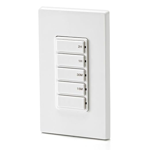 Leviton Countdown Timer Switch for household lights and exhaust fans, 15-30 min, 1-2 hour, No Neutral Wire Required, Single Pole, 15A, 1/2HP/9.8A Fan/Motor, DT102-1LW, White