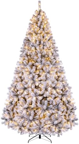 Happygrill 9FT Christmas Tree, Premium PVC Needles, 1498 Branch Tips, Pre-Lit Flocked Snow Hinged Pine Tree with Solid Metal Stand, 550 LED Lights, Ideal for Holiday Decoration, White