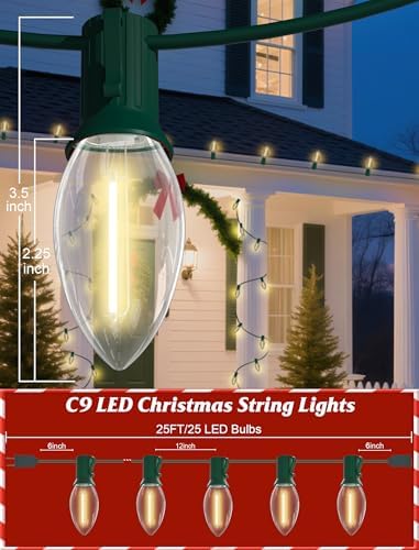 SUNSGNE C9 LED Christmas Lights Outdoor, Christmas Outdoor Lights with 27 LED Warm White Bulbs(2 Spare) for Xmas Holidays Roofline Patio Garden Party Wedding Decor