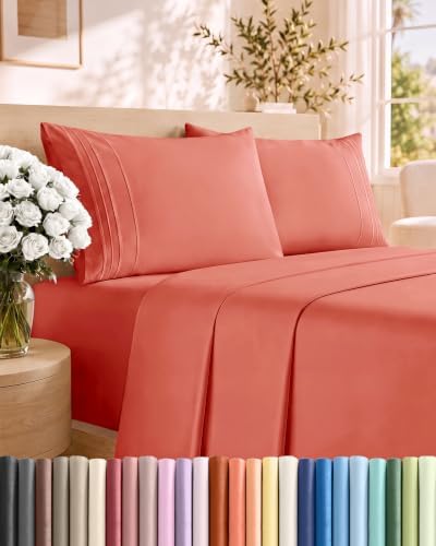 King Size 4 Piece Sheet Set - Comfy Breathable & Cooling Sheets - Coral