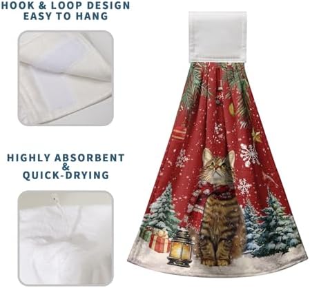 2 Pcs Red Xmas Cat Hanging Kitchen Towels with Loop Cute Kitten Snowflakes Winter Holiday Kitchen Tie Towels Fast Drying Dish Towel Soft Absorbent Hand Towel for Farmhouse Bathroom Decor