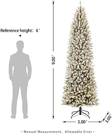 Glitzhome 9ft Prelit Christmas Tree, Snow Flocked Christmas Trees with 600 Warm White Lights, Pencil Christmas Tree Snowy Splendor Fir Artificial Tree w/1860 Branch Tips and Foldable Metal Stand