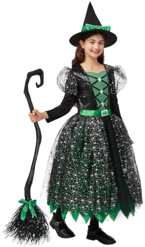Spooktacular Creations Witch Costume Kids, Light Up Halloween Costumes Witch Dress with Hat and Broom for Girls, Sweet Wizard Set for Toddler Scary Halloween Themed Parties, Green, 3T