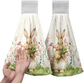 Easter Bunny Hanging Kitchen Towels Easter Rabbit Pink Tulip Flowers Hand Towels with Hanging Loop Spring Holiday Dish Towel Soft Absorbent Fingertip Bath Tie Towel Set of 2