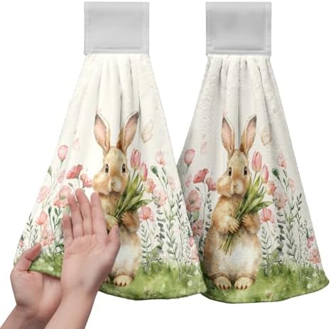 Easter Bunny Hanging Kitchen Towels Easter Rabbit Pink Tulip Flowers Hand Towels with Hanging Loop Spring Holiday Dish Towel Soft Absorbent Fingertip Bath Tie Towel Set of 2