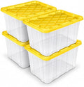 27 Gallon Clear Plastic Industrial Storage Tote, Snap Lid, Yellow, 4 Pack