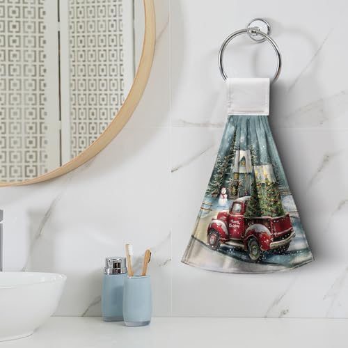 Christmas Red Truck Hanging Hand Towels Set of 2 Xmas Tree Snowman Farmhouse Kitchen Towels with Hanging Loop Winter Holiday Dish Tie Towel Soft Absorbent Guest Fingertip Bath Towel for Bathroom