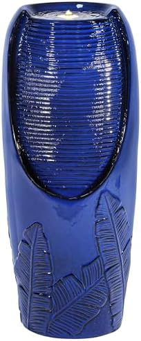 Autodaya 33" Outdoor Fountain with LED Lights, Rich Blue Glaze Ceramic Jar