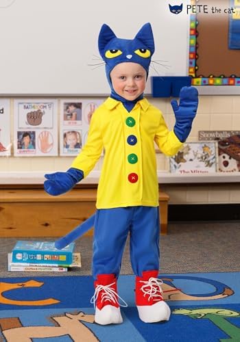 Pete the Cat Costume for Toddlers, Blue Cat Jumpsuit, Children's Storybook Character for Dress-Up & Halloween