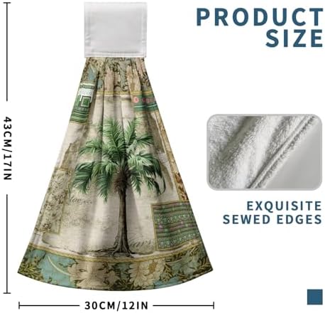Palm Tree Hanging Hand Towels Set of 2 Vintage Tropical Leaves Green Jungle Plant Kitchen Towels with Hanging Loop Botanical Dish Towels Soft Absorbent Fingertip Bath Tie Towel for Bathroom