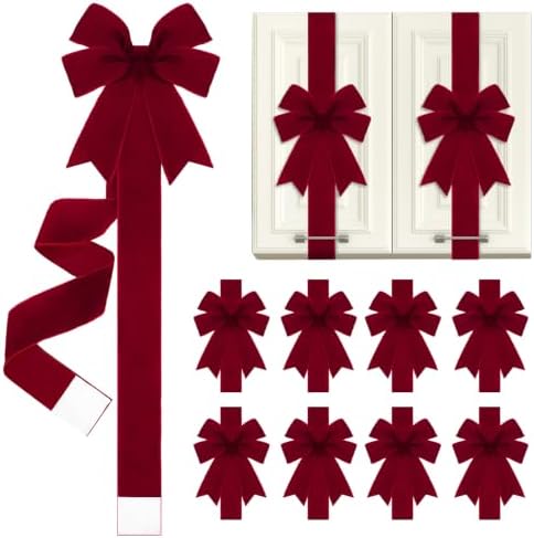 Daifunli 9 Pcs Burgundy Velvet Christmas Cabinet Bows Ribbons for Kitchen