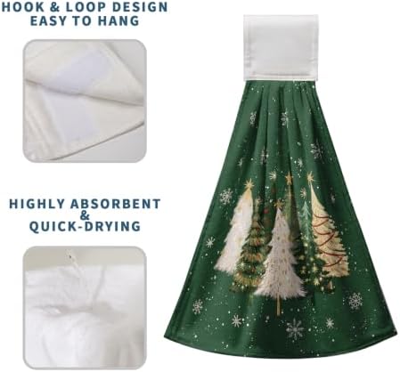 Green Christmas Hanging Dish Towels Xmas Tree Kitchen Towels with Hanging Loop Winter Holiday Hand Tie Towels Soft Absorbent Bath Towel for Bathroom Farmhouse Decor Set of 2