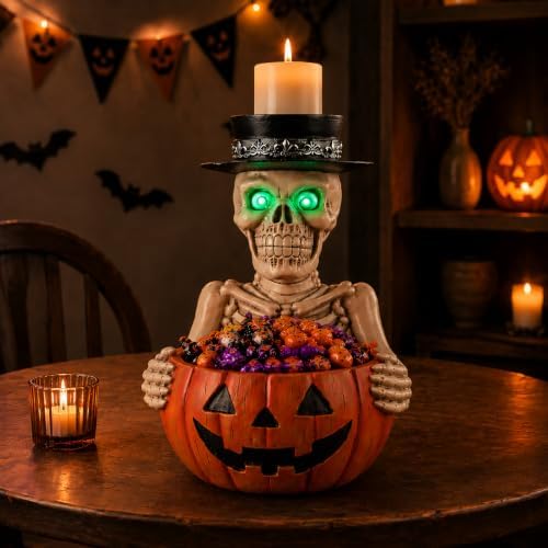 Halloween Skeleton Pumpkin Candy Bowl with Glowing Eyes