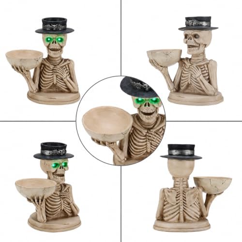 Halloween Skeleton Figurine with LED Glowing Eyes & Candy Bowl