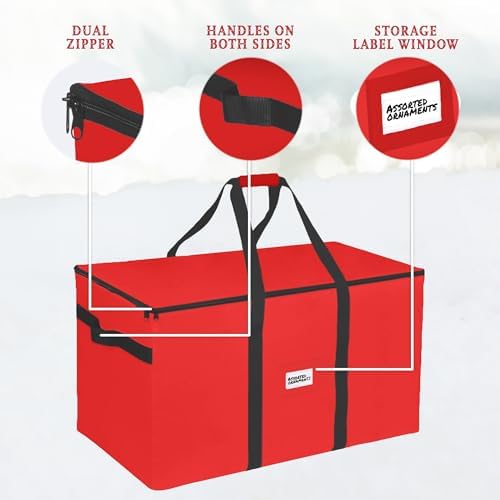 Christmas Ornament Storage Container,Box Stores Up to 128-3 inch ornaments, Adjustable Dividers, Large Organizer Bin to Protect and Store Holiday Décor - Red