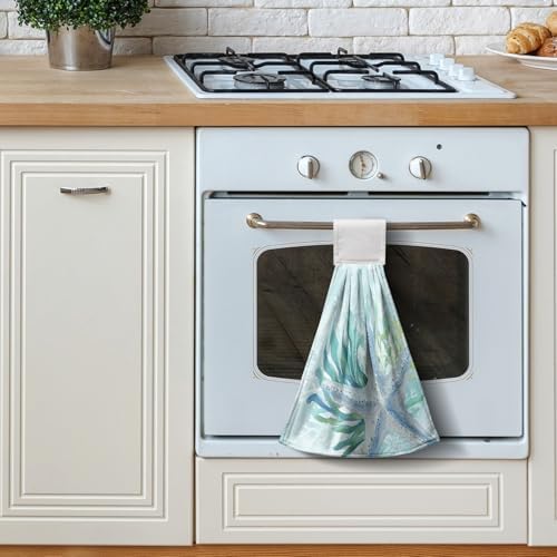 2 Pcs Starfish Hanging Hand Towels Summer Coastal Nautical Kitchen Towels with Hanging Loop Aqua Turquoise Beach Ocean Coral Bath Tie Towels Oven Stove Dish Washcloth
