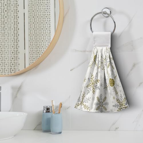 Christmas Snowflakes Kitchen Hanging Towels Set of 2 Gold Snowflake Winter Kitchen Towels with Hanging Loop Xmas Holiday Hand Towel Oven Stove Dish Towel Soft Absorbent Bath Tie Towels