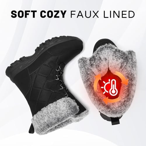 Women's Snow Boots Winter Water-Resistant Faux Fur Lined Warm Outdoor Lace Up Mid-Calf Booties Deep Tread Rubber Sole