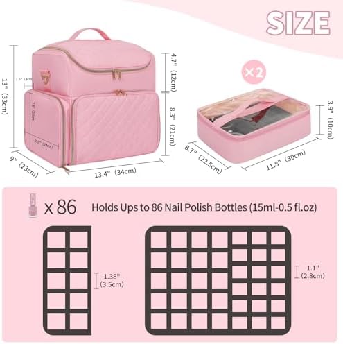 CUBETASTIC Extra Large Nail Polish Organizer Case Holds 86 to 100+ Bottles & Nail Lamp, Nail Supplies Storage Bag with 2 Removable Pouches, Nail Art Travel Box