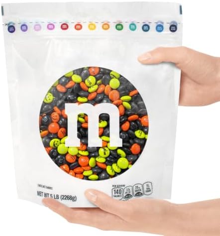 M&M’S WORLD Pre-Printed Halloween Candy - 5lbs of Bulk Candy in Resealable Pack for Halloween Party, Trick or Treat Favor, Halloween Dessert Decorations, Tasty Snacks for DIY Party
