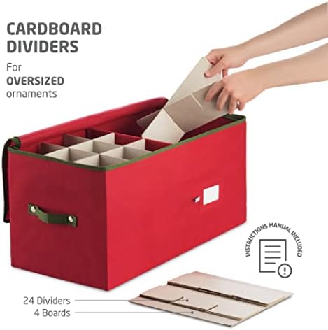 ZOBER Large Christmas Ornament Storage Box - Stores 54 4" Large Ornaments, With Dividers - Ornament Organizer Storage Box, Durable Christmas Containers Holder, Dual Zipper - Red