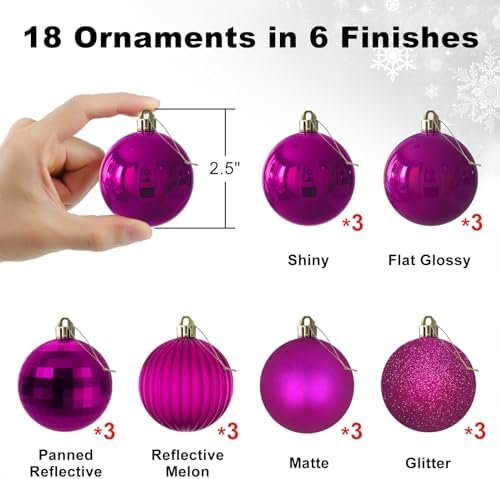 Fuchsia 2.5" Christmas Balls Christmas Tree Decoration Ornaments Shatterproof Hanging Balls for Birthday Halloween Holiday Wedding Decorations Set of 18pcs