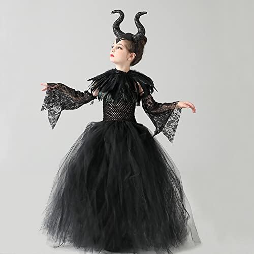 OBEEII Kids Girls Witch Costume Handmade Knitted Tulle Dress Evil Queen Dress Up Costume for Halloween Carnival Cosplay