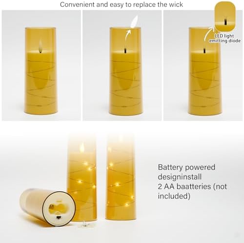 kakoya Flameless LED Candles with Timer 9 Pc Flickering Flameless Candles for Romantic Ambiance and Home Decoration Stable Acrylic Shell,with Embedded Star String，Battery Operated Candles（Gold）
