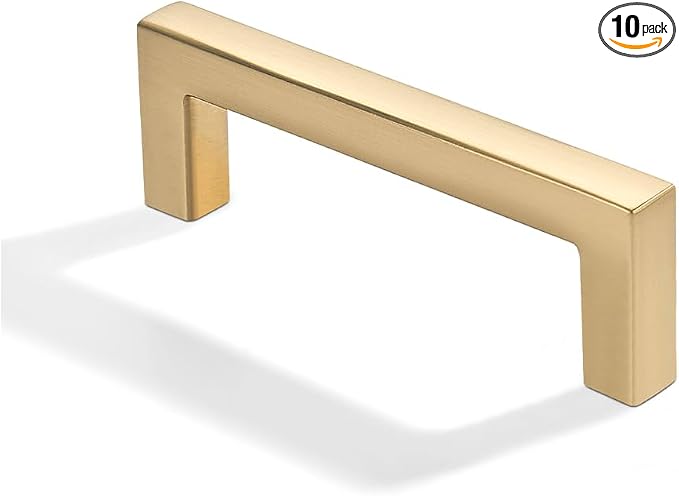 khtumeware 10 Pack 3 inch(76mm) Hole Center Brushed Gold Cabinet Pulls Solid Heavy-Duty Square Matte Gold Cabinet Handles Drawer Pulls Kitchen Cabinet Hardware Kitchen Handle