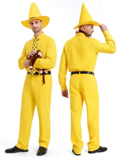 Men Yellow Hat Costume 6PCS Adult Suit with Plush Monkey for Halloween