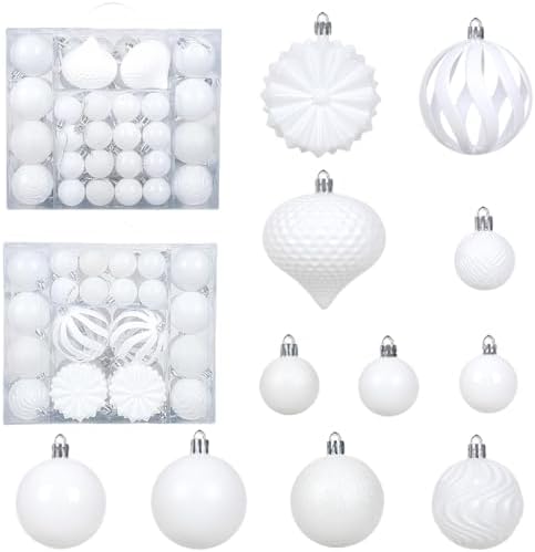 Christmas Tree Balls Ornaments Set, 48 Pcs Shatterproof Plastic Decorative Baubles Shiny Hanging Ball Ornaments for Xmas Tree Holiday Party Wedding Decoration, White