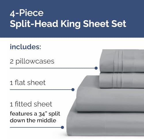 Flex Top Split Head King 4 Piece Sheet Set - Soft & Breathable - Steel Blue