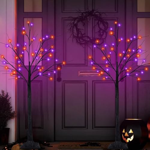 2 Pack 4FT Black Halloween Tree with 100 LED Orange and Purple Lights