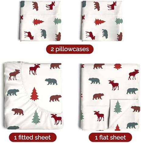 Christmas Sheet Set, Woodland Scene, Holiday Xmas Bedding Set - Queen Size